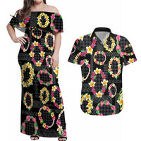 Hawaiian Kakau Tattoo Leis and Palaka Pattern Couples Matching Off Shoulder Maxi Dress and Hawaiian Shirt Traditional Aloha Tribal Black Color