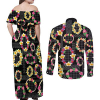 Hawaiian Kakau Tattoo Leis and Palaka Pattern Couples Matching Off Shoulder Maxi Dress and Long Sleeve Button Shirt Traditional Aloha Tribal Black Color