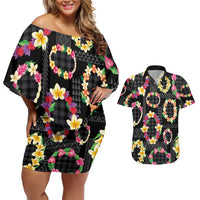 Hawaiian Kakau Tattoo Leis and Palaka Pattern Couples Matching Off Shoulder Short Dress and Hawaiian Shirt Traditional Aloha Tribal Black Color