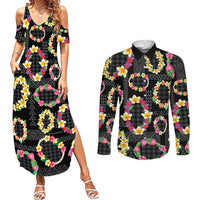 Hawaiian Kakau Tattoo Leis and Palaka Pattern Couples Matching Summer Maxi Dress and Long Sleeve Button Shirt Traditional Aloha Tribal Black Color