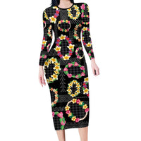 Hawaiian Kakau Tattoo Leis and Palaka Pattern Family Matching Long Sleeve Bodycon Dress and Hawaiian Shirt Traditional Aloha Tribal Black Color