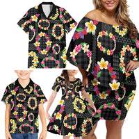 Hawaiian Kakau Tattoo Leis and Palaka Pattern Family Matching Off Shoulder Short Dress and Hawaiian Shirt Traditional Aloha Tribal Black Color