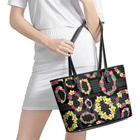 Hawaiian Kakau Tattoo Leis and Palaka Pattern Leather Tote Bag Traditional Aloha Tribal Black Color LT03 - Polynesian Pride