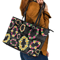 Hawaiian Kakau Tattoo Leis and Palaka Pattern Leather Tote Bag Traditional Aloha Tribal Black Color LT03 - Polynesian Pride
