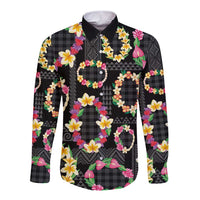 Hawaiian Kakau Tattoo Leis and Palaka Pattern Long Sleeve Button Shirt Traditional Aloha Tribal Black Color LT03 Unisex Black - Polynesian Pride