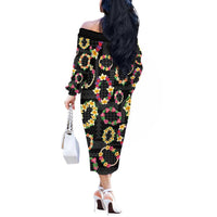 Hawaiian Kakau Tattoo Leis and Palaka Pattern Off The Shoulder Long Sleeve Dress Traditional Aloha Tribal Black Color