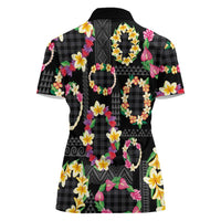 Hawaiian Kakau Tattoo Leis and Palaka Pattern Women Polo Shirt Traditional Aloha Tribal Black Color
