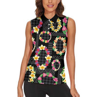 Hawaiian Kakau Tattoo Leis and Palaka Pattern Women Sleeveless Polo Shirt Traditional Aloha Tribal Black Color