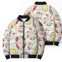 Hawaiian Kakau Tattoo Leis and Palaka Pattern Bomber Puffer Jacket Traditional Aloha Tribal White Color LT03 - Polynesian Pride
