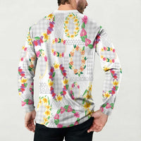 Hawaiian Kakau Tattoo Leis and Palaka Pattern Button Sweatshirt Traditional Aloha Tribal White Color LT03 - Polynesian Pride