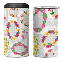 Hawaiian Kakau Tattoo Leis and Palaka Pattern 4 in 1 Can Cooler Tumbler Traditional Aloha Tribal White Color