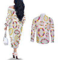 Hawaiian Kakau Tattoo Leis and Palaka Pattern Couples Matching Off The Shoulder Long Sleeve Dress and Long Sleeve Button Shirt Traditional Aloha Tribal White Color