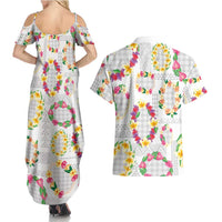 Hawaiian Kakau Tattoo Leis and Palaka Pattern Couples Matching Summer Maxi Dress and Hawaiian Shirt Traditional Aloha Tribal White Color