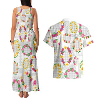 Hawaiian Kakau Tattoo Leis and Palaka Pattern Couples Matching Tank Maxi Dress and Hawaiian Shirt Traditional Aloha Tribal White Color