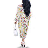 Hawaiian Kakau Tattoo Leis and Palaka Pattern Family Matching Off The Shoulder Long Sleeve Dress and Hawaiian Shirt Traditional Aloha Tribal White Color