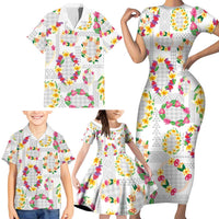 Hawaiian Kakau Tattoo Leis and Palaka Pattern Family Matching Short Sleeve Bodycon Dress and Hawaiian Shirt Traditional Aloha Tribal White Color