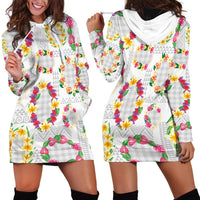 Hawaiian Kakau Tattoo Leis and Palaka Pattern Hoodie Dress Traditional Aloha Tribal White Color