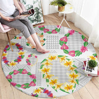 Hawaiian Kakau Tattoo Leis and Palaka Pattern Round Carpet Traditional Aloha Tribal White Color LT03 - Polynesian Pride