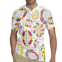 Hawaiian Kakau Tattoo Leis and Palaka Pattern Rugby Jersey Traditional Aloha Tribal White Color