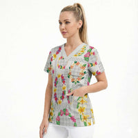 Hawaiian Kakau Tattoo Leis and Palaka Pattern Scrub Top Traditional Aloha Tribal White Color LT03 - Polynesian Pride