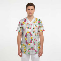 Hawaiian Kakau Tattoo Leis and Palaka Pattern Scrub Top Traditional Aloha Tribal White Color LT03 - Polynesian Pride