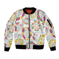 Hawaiian Kakau Tattoo Leis and Palaka Pattern Sleeve Zip Bomber Jacket Traditional Aloha Tribal White Color LT03 Unisex White - Polynesian Pride