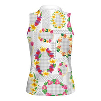 Hawaiian Kakau Tattoo Leis and Palaka Pattern Women Sleeveless Polo Shirt Traditional Aloha Tribal White Color