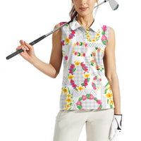 Hawaiian Kakau Tattoo Leis and Palaka Pattern Women Sleeveless Polo Shirt Traditional Aloha Tribal White Color