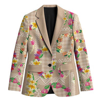 Hawaiian Kakau Tattoo Leis and Palaka Pattern Blazer Traditional Aloha Tribal Beige Color LT03 Unisex Beige - Polynesian Pride