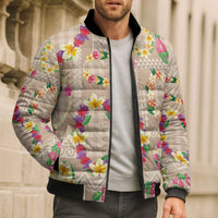 Hawaiian Kakau Tattoo Leis and Palaka Pattern Bomber Puffer Jacket Traditional Aloha Tribal Beige Color LT03 - Polynesian Pride