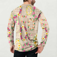 Hawaiian Kakau Tattoo Leis and Palaka Pattern Button Sweatshirt Traditional Aloha Tribal Beige Color LT03 - Polynesian Pride