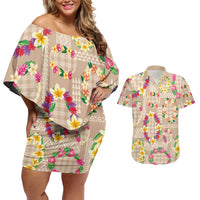 Hawaiian Kakau Tattoo Leis and Palaka Pattern Couples Matching Off Shoulder Short Dress and Hawaiian Shirt Traditional Aloha Tribal Beige Color