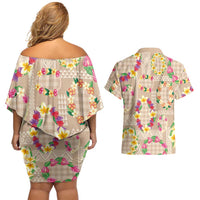 Hawaiian Kakau Tattoo Leis and Palaka Pattern Couples Matching Off Shoulder Short Dress and Hawaiian Shirt Traditional Aloha Tribal Beige Color