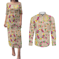 Hawaiian Kakau Tattoo Leis and Palaka Pattern Couples Matching Puletasi and Long Sleeve Button Shirt Traditional Aloha Tribal Beige Color