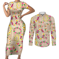 Hawaiian Kakau Tattoo Leis and Palaka Pattern Couples Matching Short Sleeve Bodycon Dress and Long Sleeve Button Shirt Traditional Aloha Tribal Beige Color