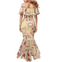 Hawaiian Kakau Tattoo Leis and Palaka Pattern Family Matching Mermaid Dress and Hawaiian Shirt Traditional Aloha Tribal Beige Color