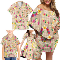 Hawaiian Kakau Tattoo Leis and Palaka Pattern Family Matching Off Shoulder Short Dress and Hawaiian Shirt Traditional Aloha Tribal Beige Color