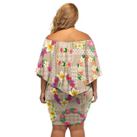 Hawaiian Kakau Tattoo Leis and Palaka Pattern Family Matching Off Shoulder Short Dress and Hawaiian Shirt Traditional Aloha Tribal Beige Color