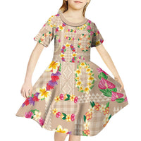 Hawaiian Kakau Tattoo Leis and Palaka Pattern Kid Short Sleeve Dress Traditional Aloha Tribal Beige Color