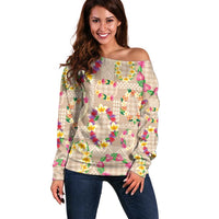 Hawaiian Kakau Tattoo Leis and Palaka Pattern Off Shoulder Sweater Traditional Aloha Tribal Beige Color LT03 Women Beige - Polynesian Pride
