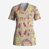 Hawaiian Kakau Tattoo Leis and Palaka Pattern Scrub Top Traditional Aloha Tribal Beige Color LT03 Adult Beige - Polynesian Pride
