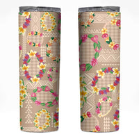 Hawaiian Kakau Tattoo Leis and Palaka Pattern Skinny Tumbler Traditional Aloha Tribal Beige Color