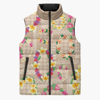 Hawaiian Kakau Tattoo Leis and Palaka Pattern Sleeveless Puffer Jacket Traditional Aloha Tribal Beige Color LT03 Unisex Beige - Polynesian Pride