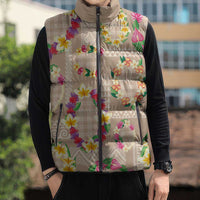 Hawaiian Kakau Tattoo Leis and Palaka Pattern Sleeveless Puffer Jacket Traditional Aloha Tribal Beige Color LT03 - Polynesian Pride