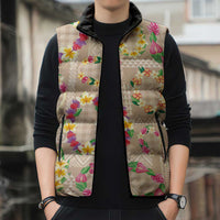 Hawaiian Kakau Tattoo Leis and Palaka Pattern Sleeveless Puffer Jacket Traditional Aloha Tribal Beige Color LT03 - Polynesian Pride
