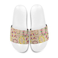 Hawaiian Kakau Tattoo Leis and Palaka Pattern Slide Sandals Traditional Aloha Tribal Beige Color