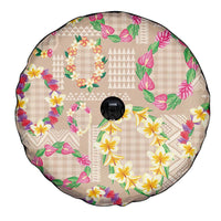 Hawaiian Kakau Tattoo Leis and Palaka Pattern Spare Tire Cover Traditional Aloha Tribal Beige Color