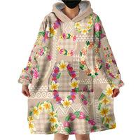 Hawaiian Kakau Tattoo Leis and Palaka Pattern Wearable Blanket Hoodie Traditional Aloha Tribal Beige Color