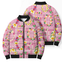 Hawaiian Leis Bomber Puffer Jacket Kakau Tattoos and Palaka Pastel Pink Color LT03 - Polynesian Pride