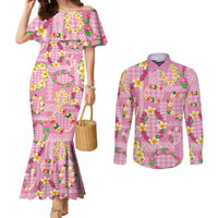 Hawaiian Leis Couples Matching Mermaid Dress and Long Sleeve Button Shirt Kakau Tattoos and Palaka Pastel Pink Color